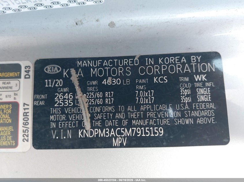 VIN KNDPM3AC5M7915159 2021 KIA SPORTAGE LX
