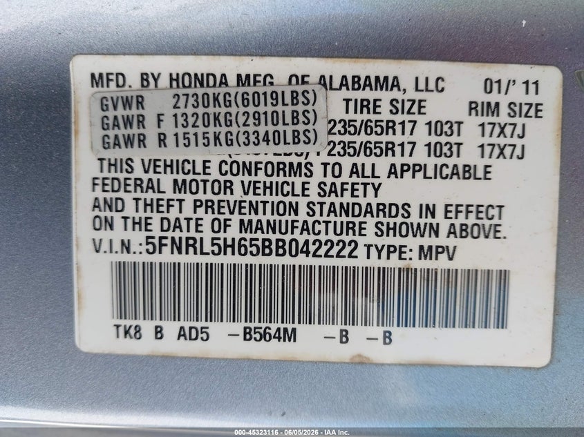 2011 Honda Odyssey Ex-L VIN: 5FNRL5H65BB042222 Lot: 45323116