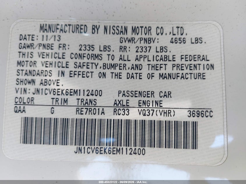 2014 Infiniti Q60 Journey VIN: JN1CV6EK6EM112400 Lot: 45323122