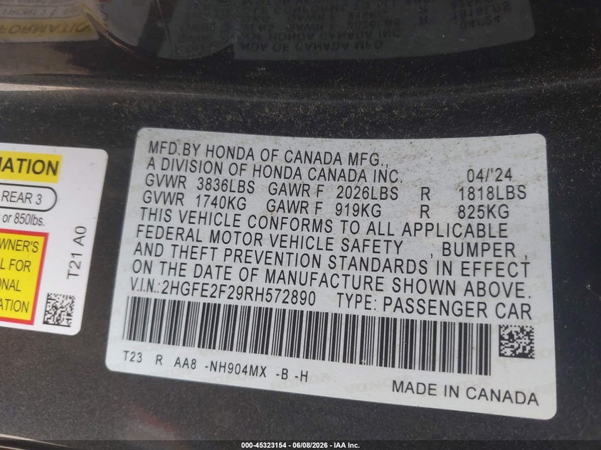 2024 HONDA CIVIC SEDAN 2.0L I-4 DI, DOHC, VVT, 158HP