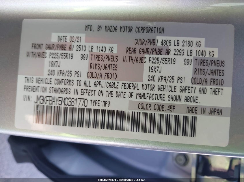 2021 MAZDA CX-5 2.5L I-4 DI, DOHC, V(VIN: JM3KFBAY5M0381770