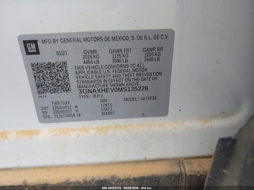 2021 CHEVROLET EQUINOX 1.5L I-4 DI, DOHC, V(VIN: 3GNAXHEV0MS135228