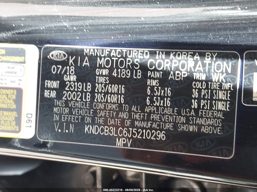 2018 Kia Niro Lx VIN: KNDCB3LC6J5210296 Lot: 45323216