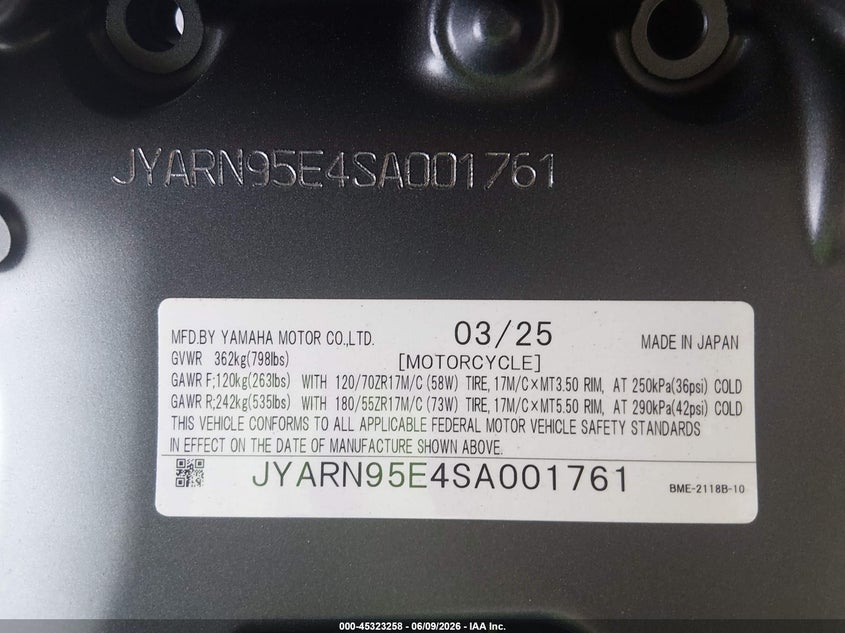 2025 Yamaha Mt09 Sp VIN: JYARN95E4SA001761 Lot: 45323258