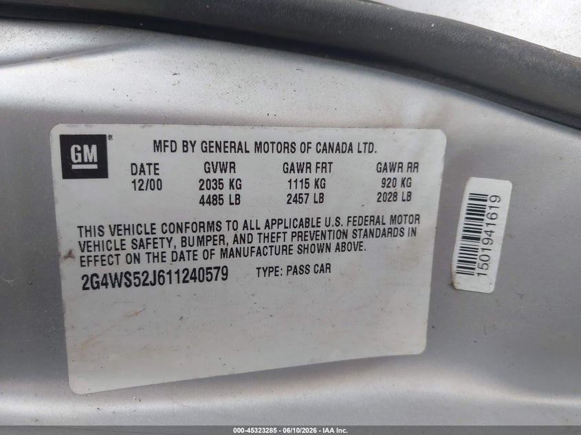 2001 Buick Century Custom VIN: 2G4WS52J611240579 Lot: 45323285