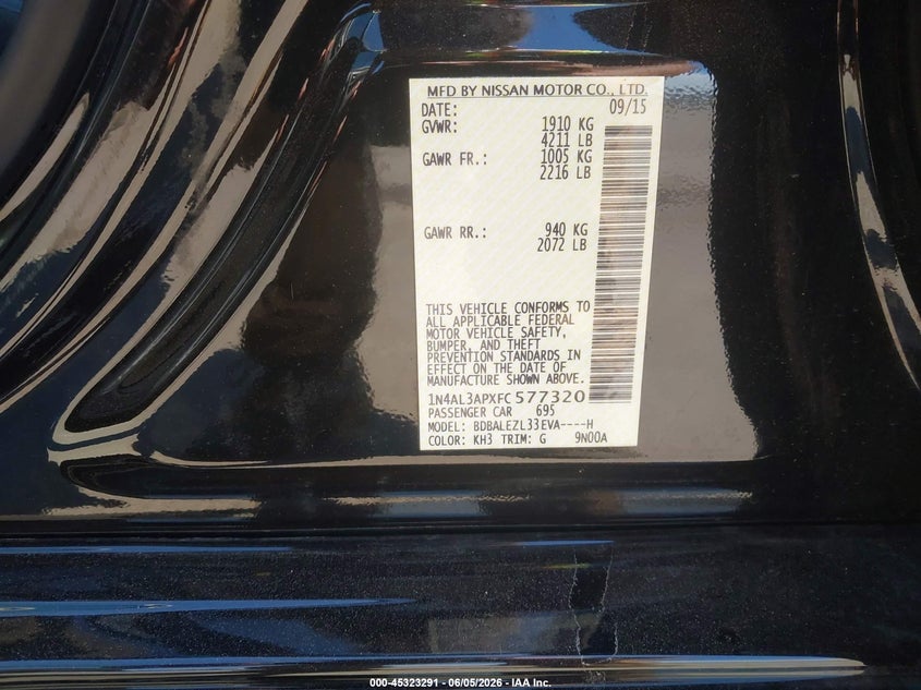 2015 NISSAN ALTIMA SEDAN 2.5L I-4 DOHC, VVT, 182HP