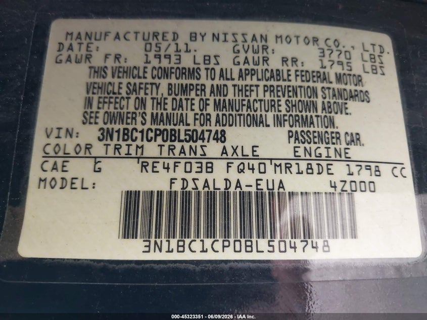 2011 Nissan Versa 1.8S VIN: 3N1BC1CP0BL504748 Lot: 45323351