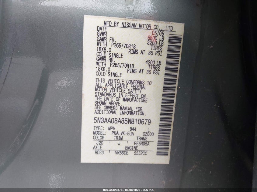 2005 Infiniti Qx56 VIN: 5N3AA08A85N810679 Lot: 45323376