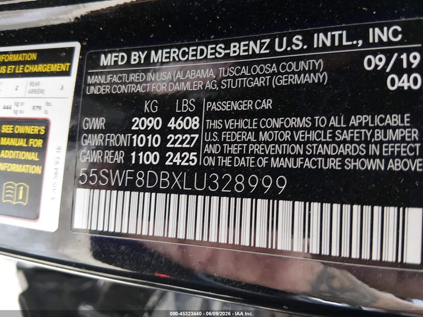 2020 Mercedes-Benz C 300 VIN: 55SWF8DBXLU328999 Lot: 45323440