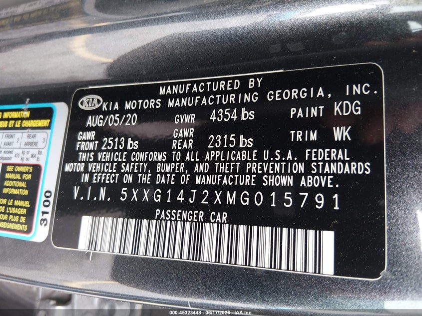 2021 Kia K5 Lxs VIN: 5XXG14J2XMG015791 Lot: 45323448