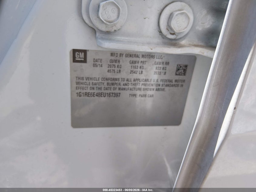 2014 Chevrolet Volt VIN: 1G1RE6E48EU167397 Lot: 45323453