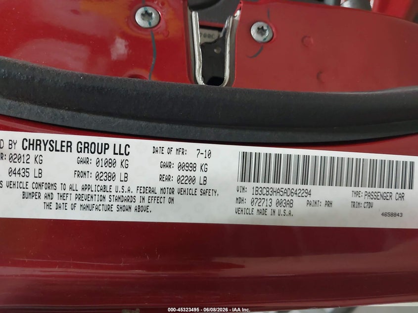 2010 Dodge Caliber Mainstreet VIN: 1B3CB3HA5AD642294 Lot: 45323495