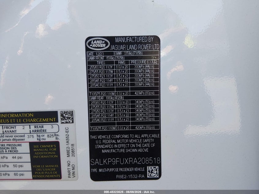 2024 Land Rover Range Rover P400 Se VIN: SALKP9FUXRA208518 Lot: 45323525