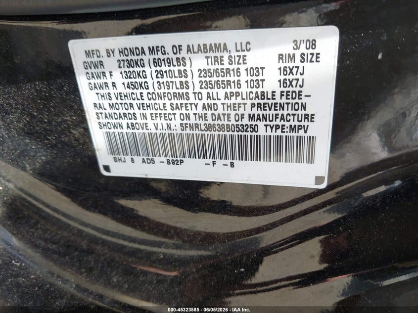 2008 Honda Odyssey Ex-L VIN: 5FNRL38638B053250 Lot: 45323585
