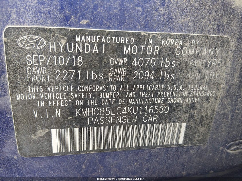 2019 Hyundai Ioniq Hybrid Limited VIN: KMHC85LC4KU116530 Lot: 45323620