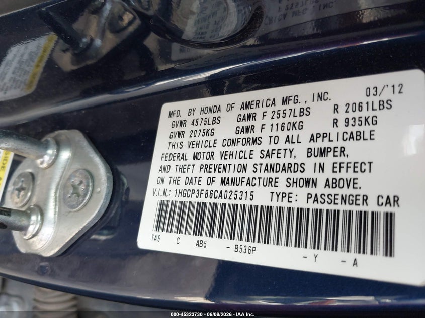 2012 HONDA ACCORD SEDAN 3.5L V-6 VVT, 271HP