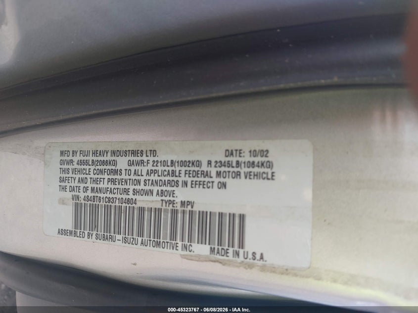 2003 Subaru Baja VIN: 4S4BT61C937104604 Lot: 45323767