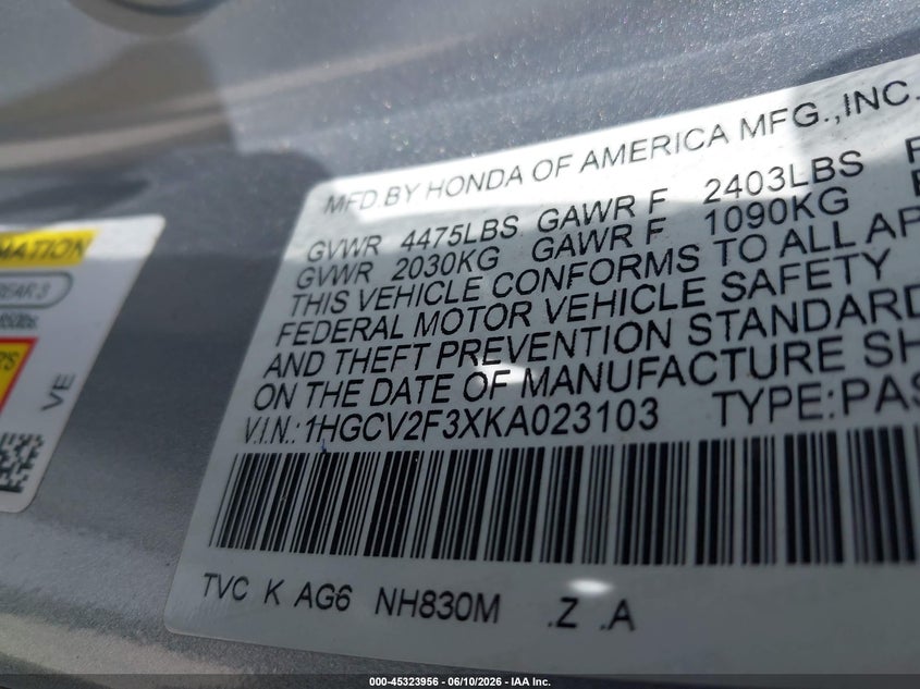 VIN 1HGCV2F3XKA023103 2019 HONDA ACCORD SPORT 2.0T
