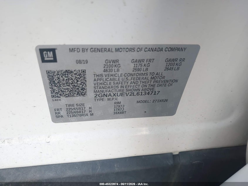 VIN 2GNAXUEV2L6134717 2020 CHEVROLET EQUINOX AWD LT 1.5L TURBO