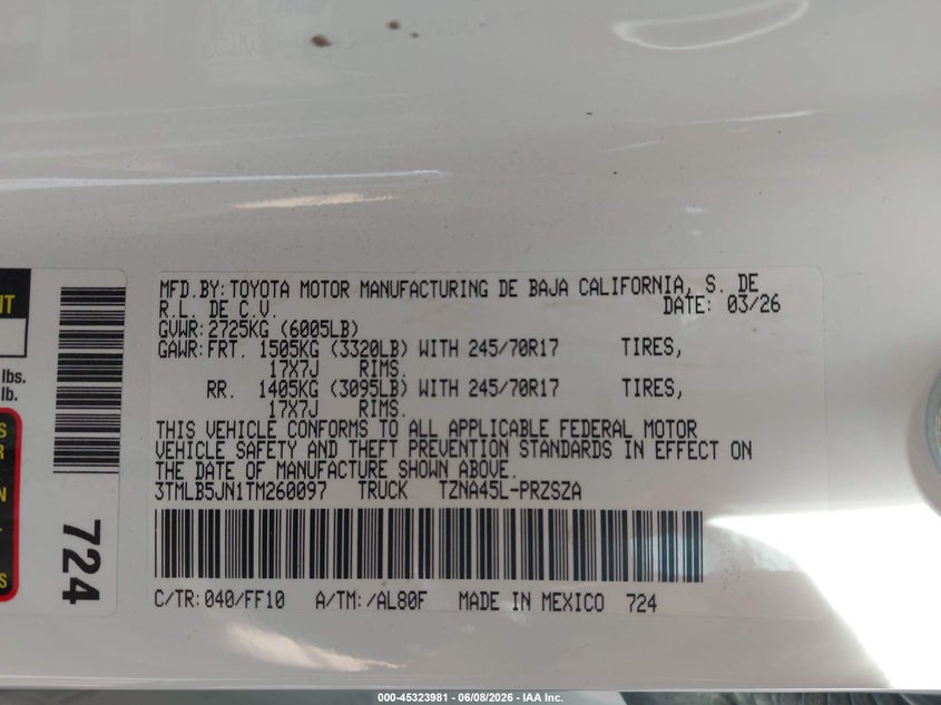 2026 TOYOTA TACOMA 2.4L I-4 DI, DOHC, V(VIN: 3TMLB5JN1TM260097