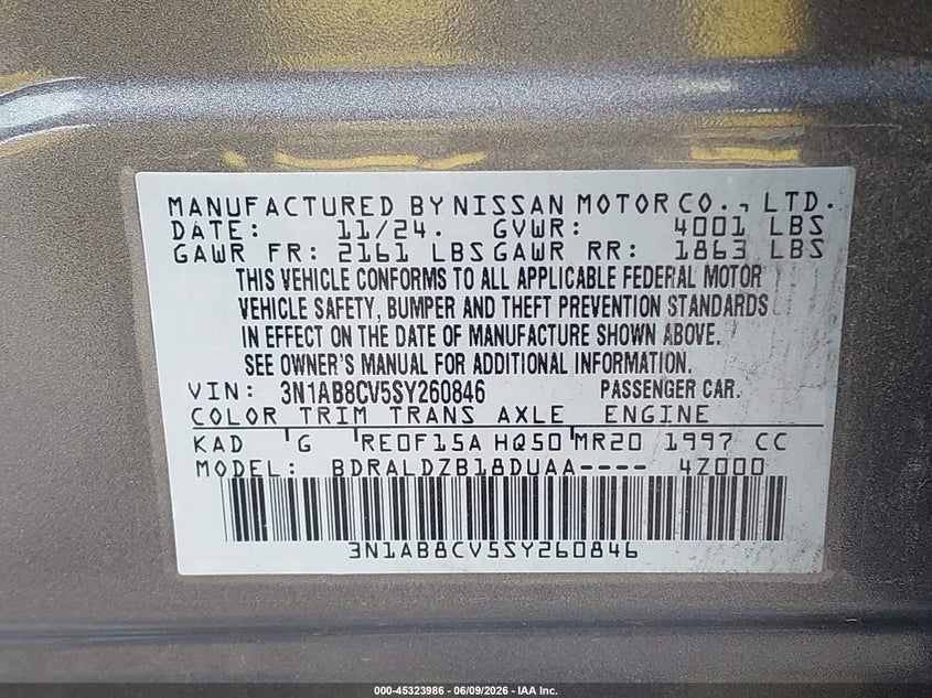 2025 NISSAN SENTRA 2.0L I-4 DI, DOHC, V(VIN: 3N1AB8CV5SY260846