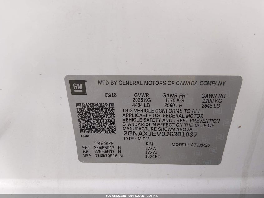 VIN 2GNAXJEV0J6301037 2018 CHEVROLET EQUINOX LT