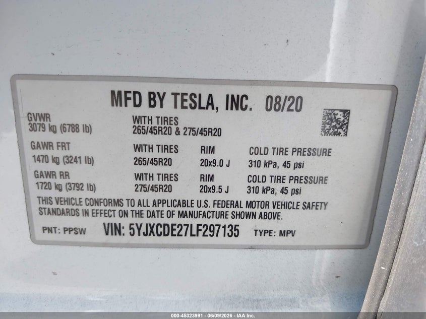 2020 Tesla Model X Long Range Dual Motor All-Wheel Drive/Long Range Plus Dual Motor All-Wheel Drive VIN: 5YJXCDE27LF297135 Lot: 45323991