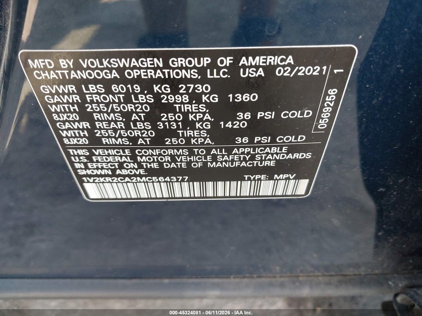 2021 Volkswagen Atlas 3.6L V6 Se W/Technology VIN: 1V2KR2CA2MC564377 Lot: 45324081