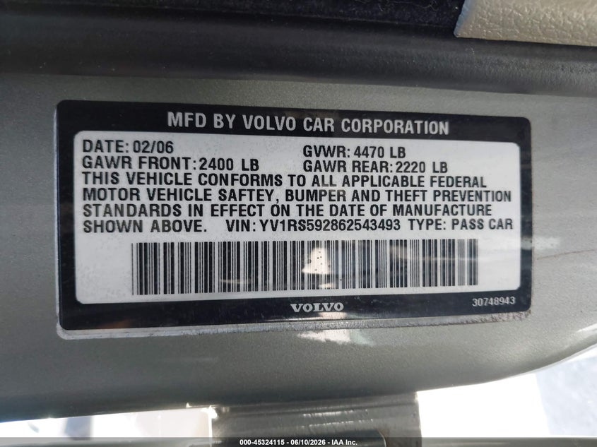 2006 Volvo S60 2.5T VIN: YV1RS592862543493 Lot: 45324115