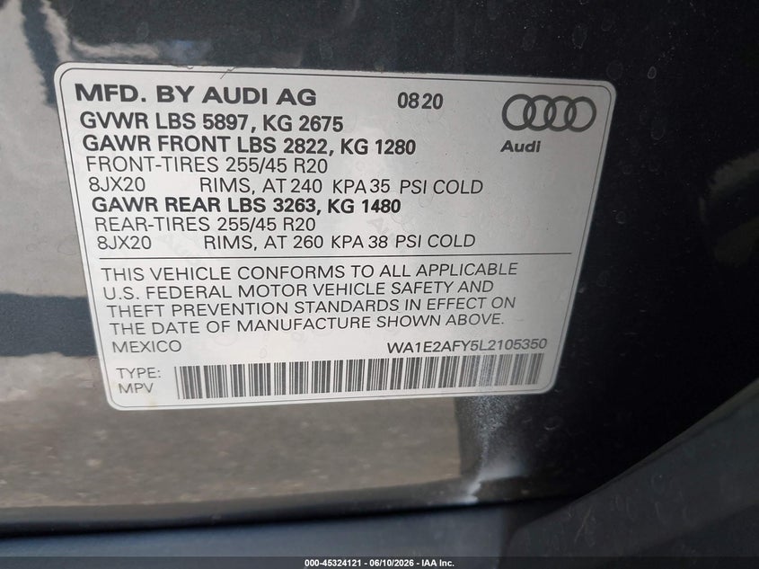 2020 AUDI Q5 SPORT UTILITY VEHICLE 2.0L I-4 DI, DOHC, VVT, TURBO, 252HP