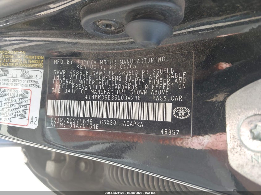 2005 TOYOTA AVALON SEDAN 3.5L V-6 DOHC, VVT, 280HP