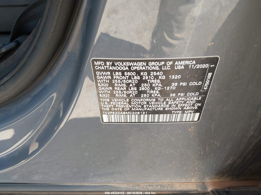 2021 Volkswagen Atlas Cross Sport 3.6L V6 Se W/Technology R-Line VIN: 1V2PE2CA8MC208131 Lot: 45324152