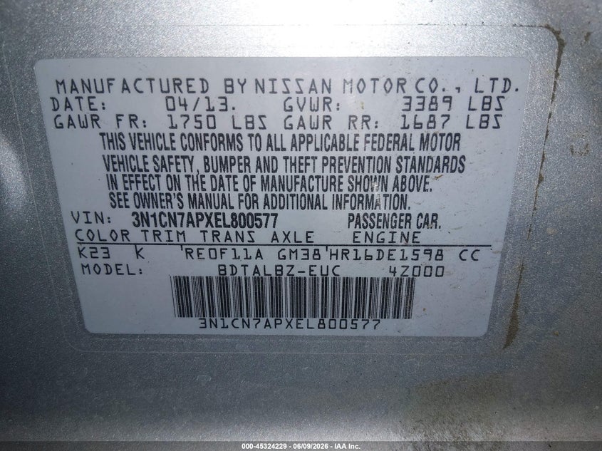 2014 NISSAN VERSA SEDAN 1.6L I-4 DOHC, VVT, 109HP