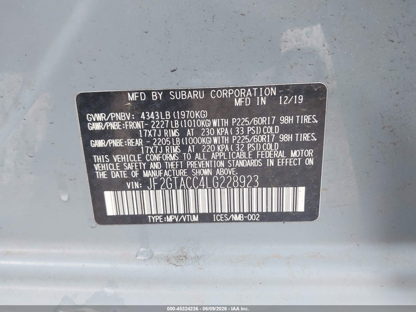 2020 SUBARU XV SPORT UTILITY VEHICLE 2.0L H-4 DI, DOHC, VVT, 152HP