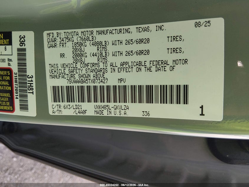 2026 Toyota Sequoia Limited VIN: 7SVAAABA5TX073427 Lot: 45324250