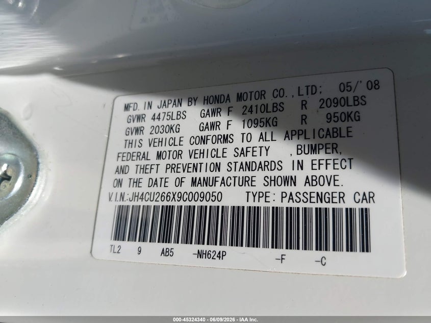 2009 Acura Tsx VIN: JH4CU266X9C009050 Lot: 45324340