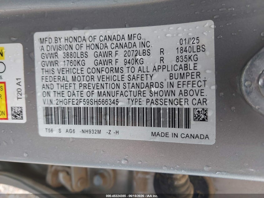 VIN 2HGFE2F59SH566345 2025 HONDA CIVIC SPORT