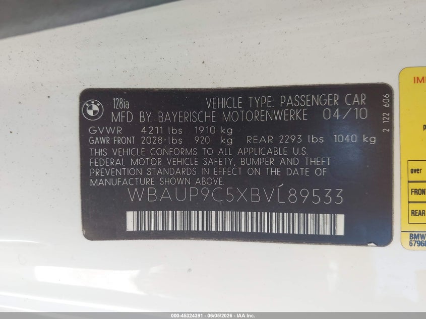 2011 BMW 128I VIN: WBAUP9C5XBVL89533 Lot: 45324391