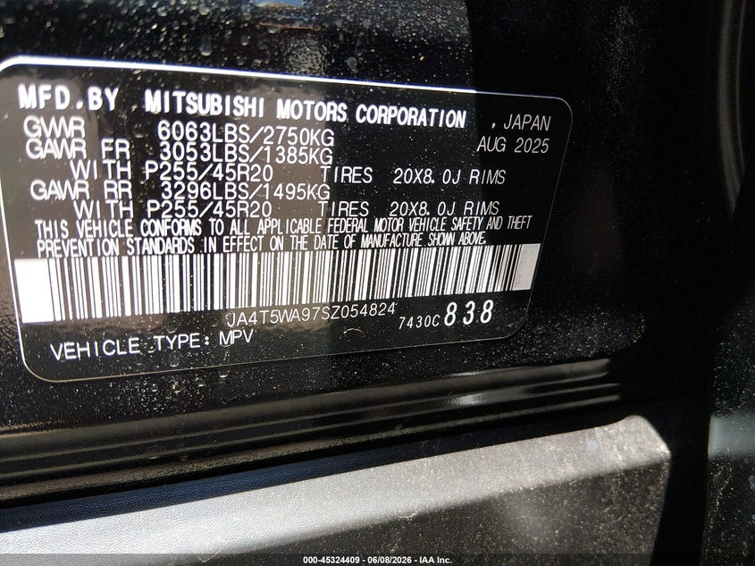 2025 MITSUBISHI OUTLANDER PHEV 2.4L I-4 DOHC, VVT, (VIN: JA4T5WA97SZ054824