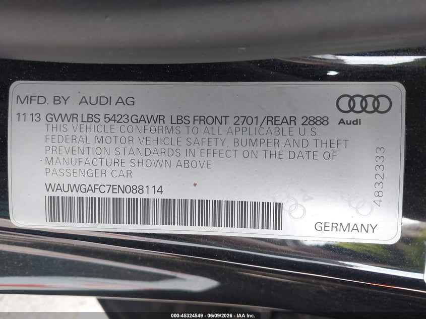 2014 Audi A7 3.0T Premium Plus VIN: WAUWGAFC7EN088114 Lot: 45324549