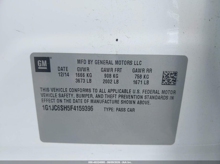 2015 Chevrolet Sonic Lt Auto VIN: 1G1JC6SH5F4159396 Lot: 45324595