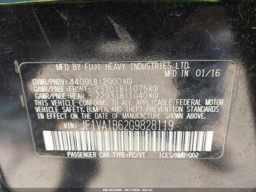 2016 Subaru Wrx VIN: JF1VA1B62G9828119 Lot: 45324608