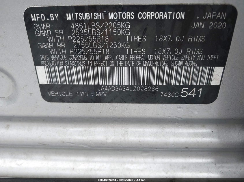 MITSUBISHI OUTLANDER 2020 VIN JA4AD3A34LZ028266