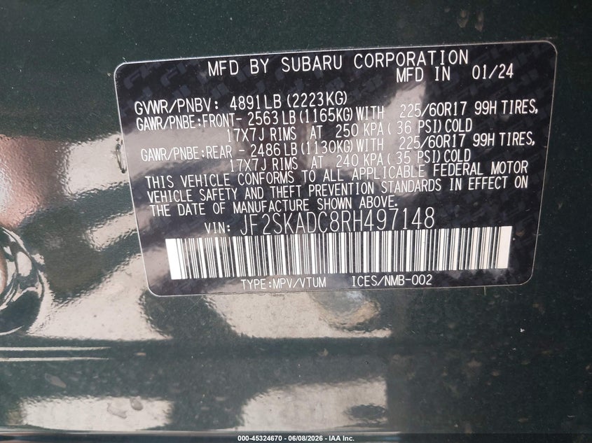 2024 SUBARU FORESTER 2.5L H-4 DI, DOHC, V(VIN: JF2SKADC8RH497148