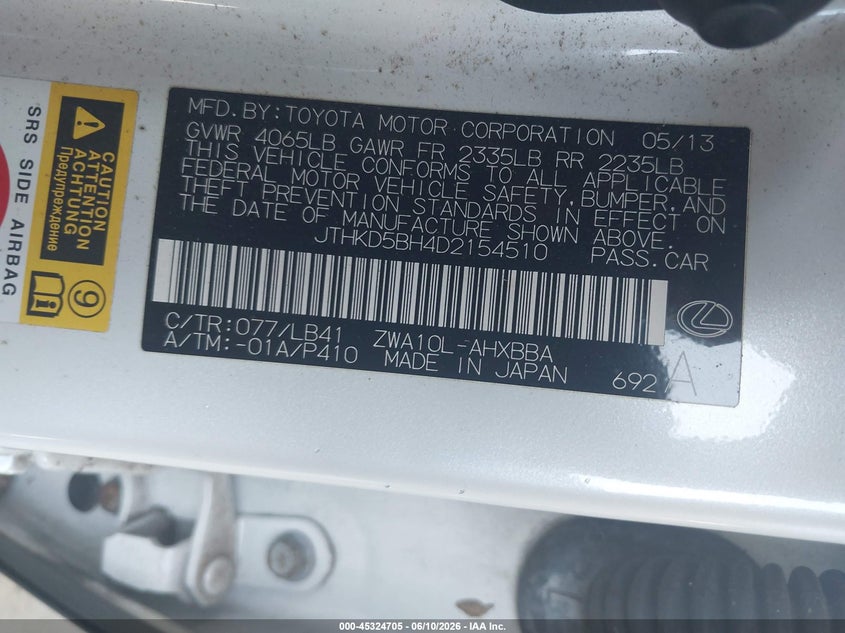 2013 Lexus Ct 200H VIN: JTHKD5BH4D2154510 Lot: 45324705