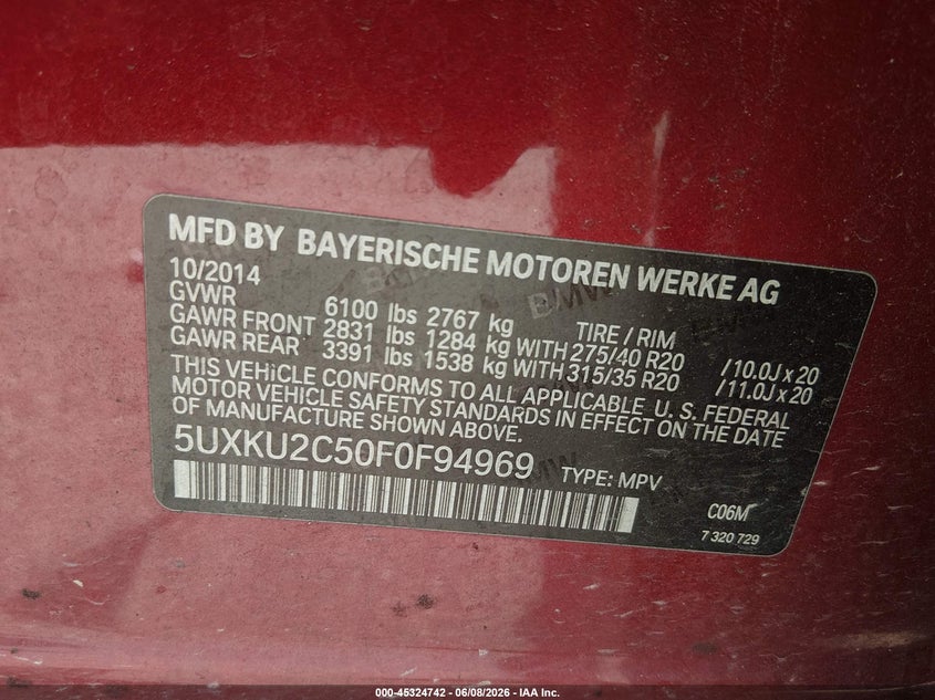 2015 BMW X6 xDrive35I VIN: 5UXKU2C50F0F94969 Lot: 45324742