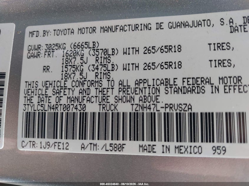 TOYOTA TACOMA HYBRID 2024 VIN 3TYLC5LN4RT007430