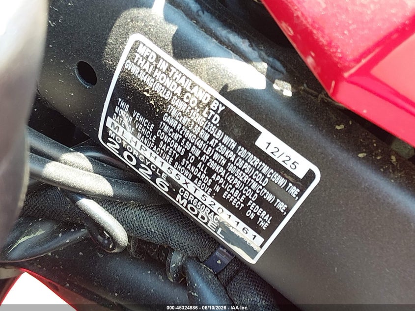 2026 Honda Cbr650 R VIN: MLHRH155XT5201161 Lot: 45324886