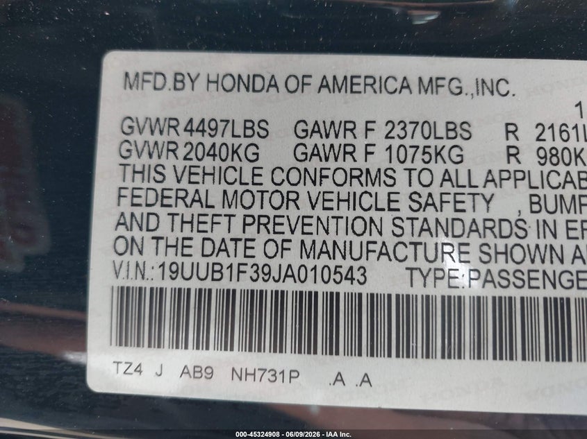 2018 Acura Tlx VIN: 19UUB1F39JA010543 Lot: 45324908