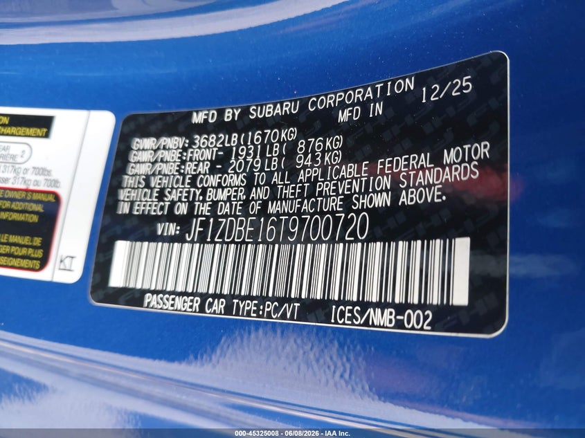 2026 Subaru Brz Limited VIN: JF1ZDBE16T9700720 Lot: 45325008